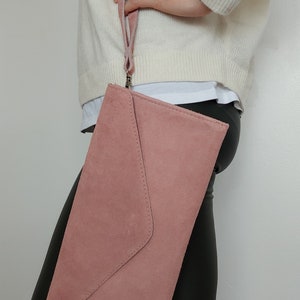 Genuine Suede Leather Evening Envelope Dusty Pink Clutch Crossbody Shoulder Handbags Bridesmaid Gift Versatile Elegant Wristlet Chain Strap image 3