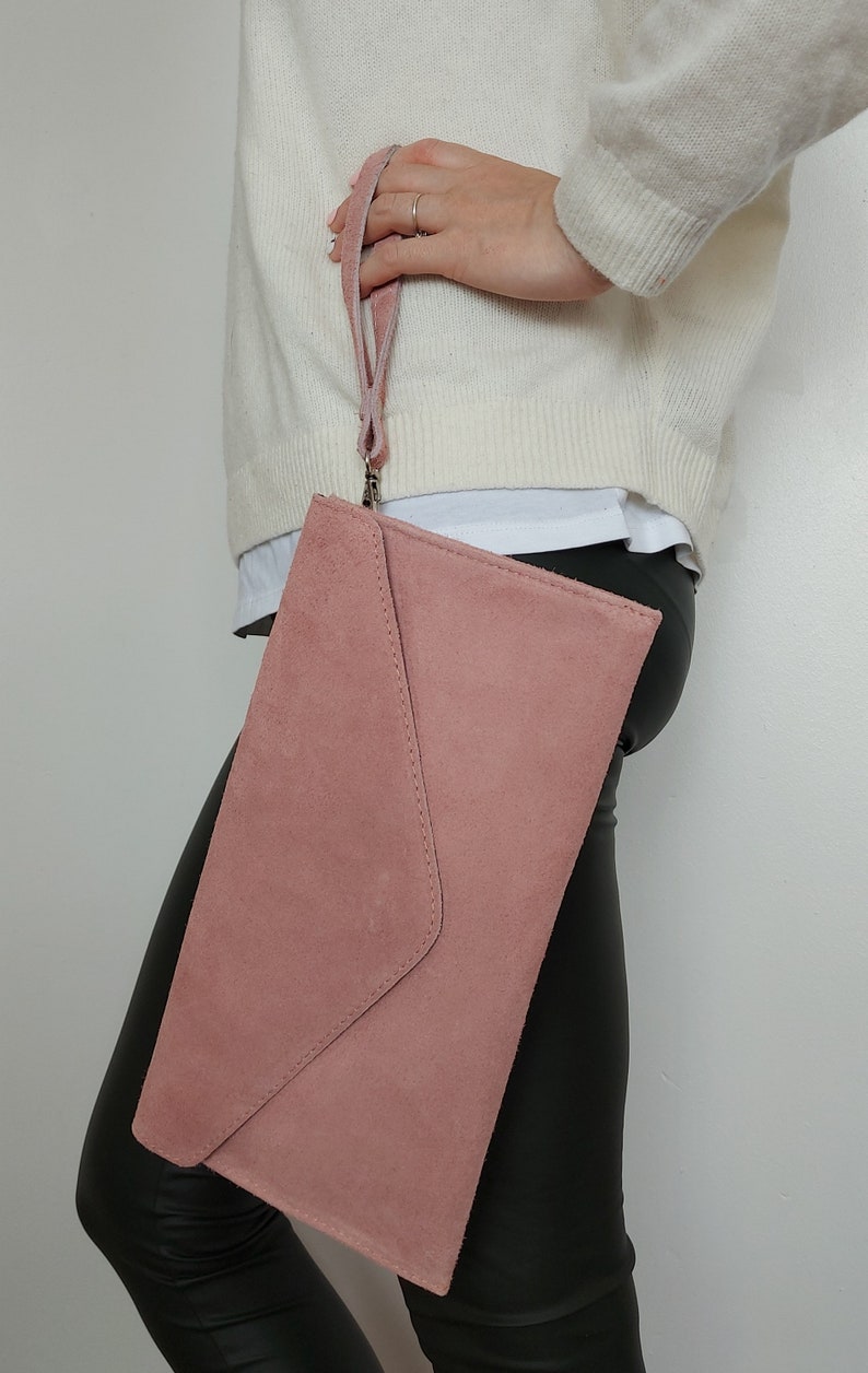 Genuine Suede Leather Evening Envelope Dusty Pink Clutch Crossbody Shoulder Handbags Bridesmaid Gift Versatile Elegant Wristlet Chain Strap image 3