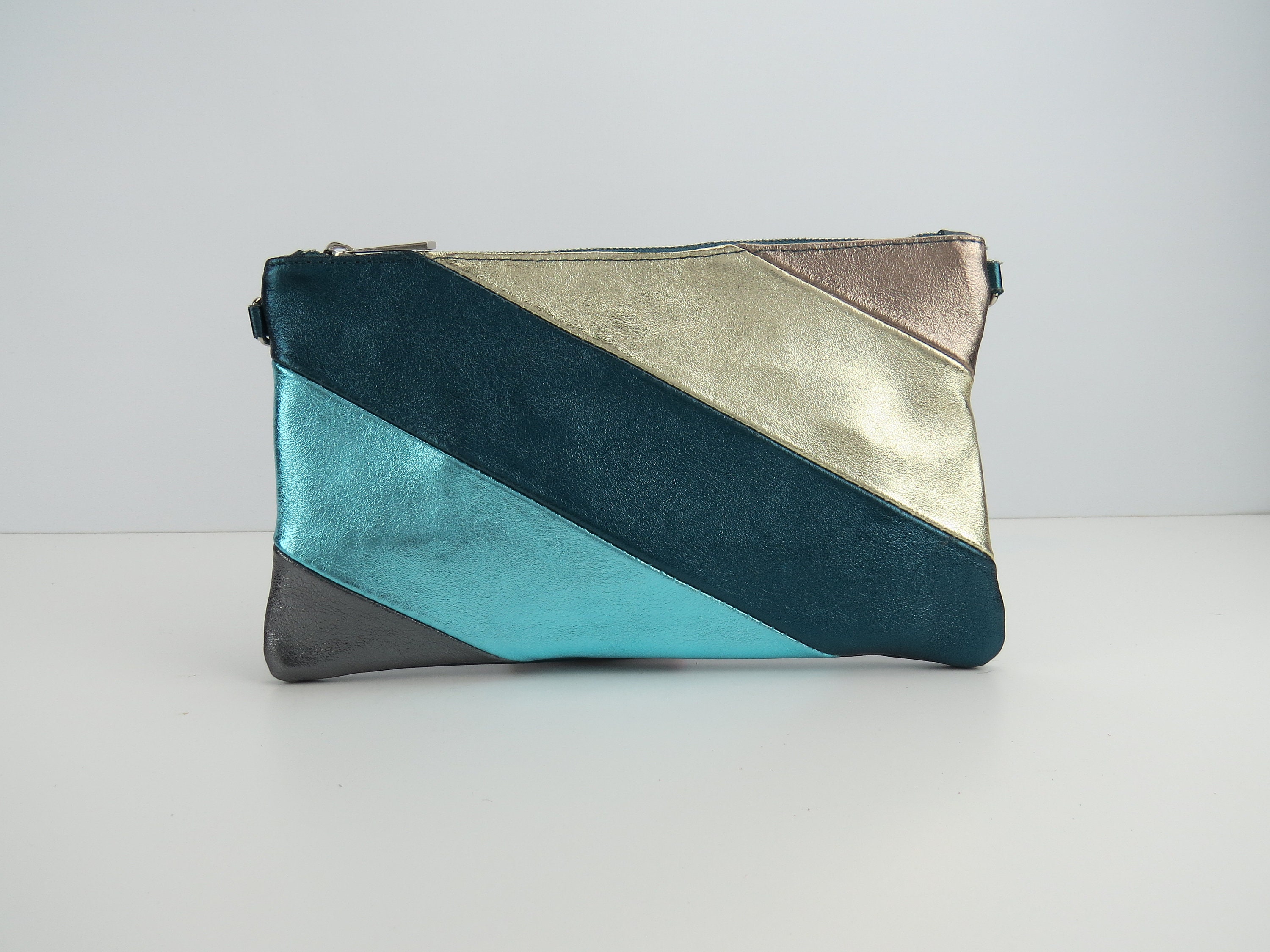 Justbagzz Original Genuine Leather Evening Metallic Teal Blue Gold Clutch Bag Crossbody Handbag Bridesmaid Gift Wristlet Shoulder Strap Etsy Ireland
