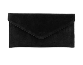 Genuine Suede Leather Evening Envelope Black Clutch Bag Crossbody Shoulder Handbags Bridesmaid Gift Versatile Elegant Wristlet & Chain Strap