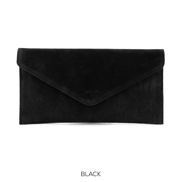 Genuine Suede Leather Evening Envelope Black Clutch Bag Crossbody Shoulder Handbags Bridesmaid Gift Versatile Elegant Wristlet & Chain Strap