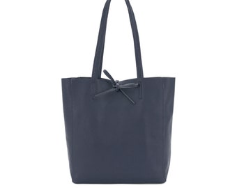 Genuine Leather Shopper Bag Medium Leather Tote Bag Pebbled Soft Italian Leather Medium Leather Bag Practical Everyday Navy Blue Leather Bag