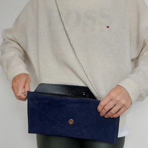 Genuine Suede Leather Evening Envelope Navy Suede Clutch Bag Crossbody Shoulder Bag Bridesmaid Gift Versatile Elegant Wristlet & Chain Strap image 9