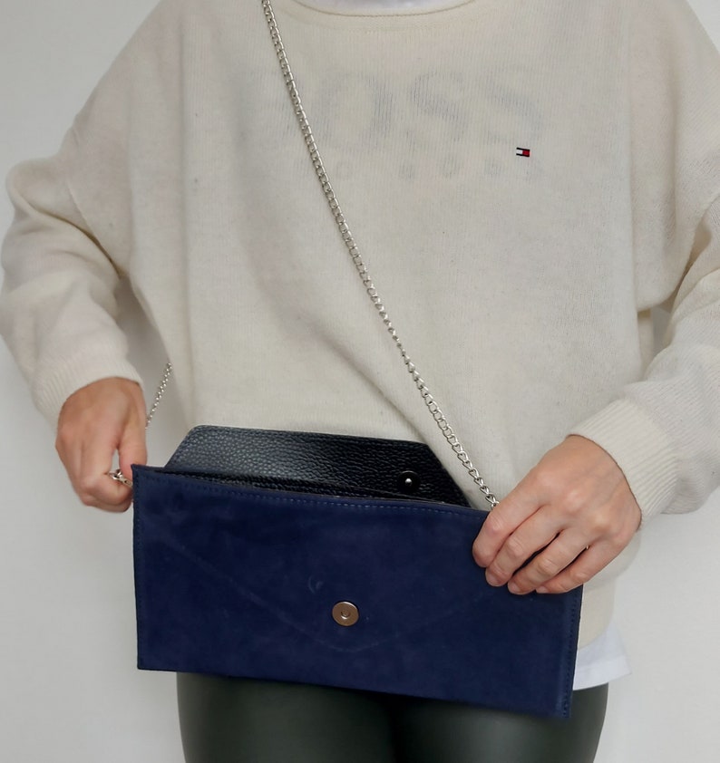 Genuine Suede Leather Evening Envelope Navy Suede Clutch Bag Crossbody Shoulder Bag Bridesmaid Gift Versatile Elegant Wristlet & Chain Strap image 9