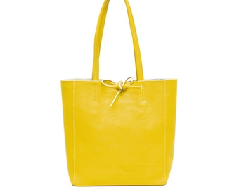 Genuine Leather Shopper Bag Medium Leather Tote Pebbled Soft Italian Leather Medium Leather Bag Practical Everyday Yellow Leather Bag