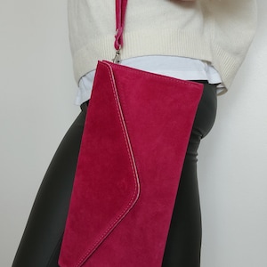 Genuine Italian Suede Leather Evening Envelope Magenta Clutch Shoulder Bag Fuchsia Bridesmaid Gift Versatile Elegant Wristlet & Chain Strap image 5