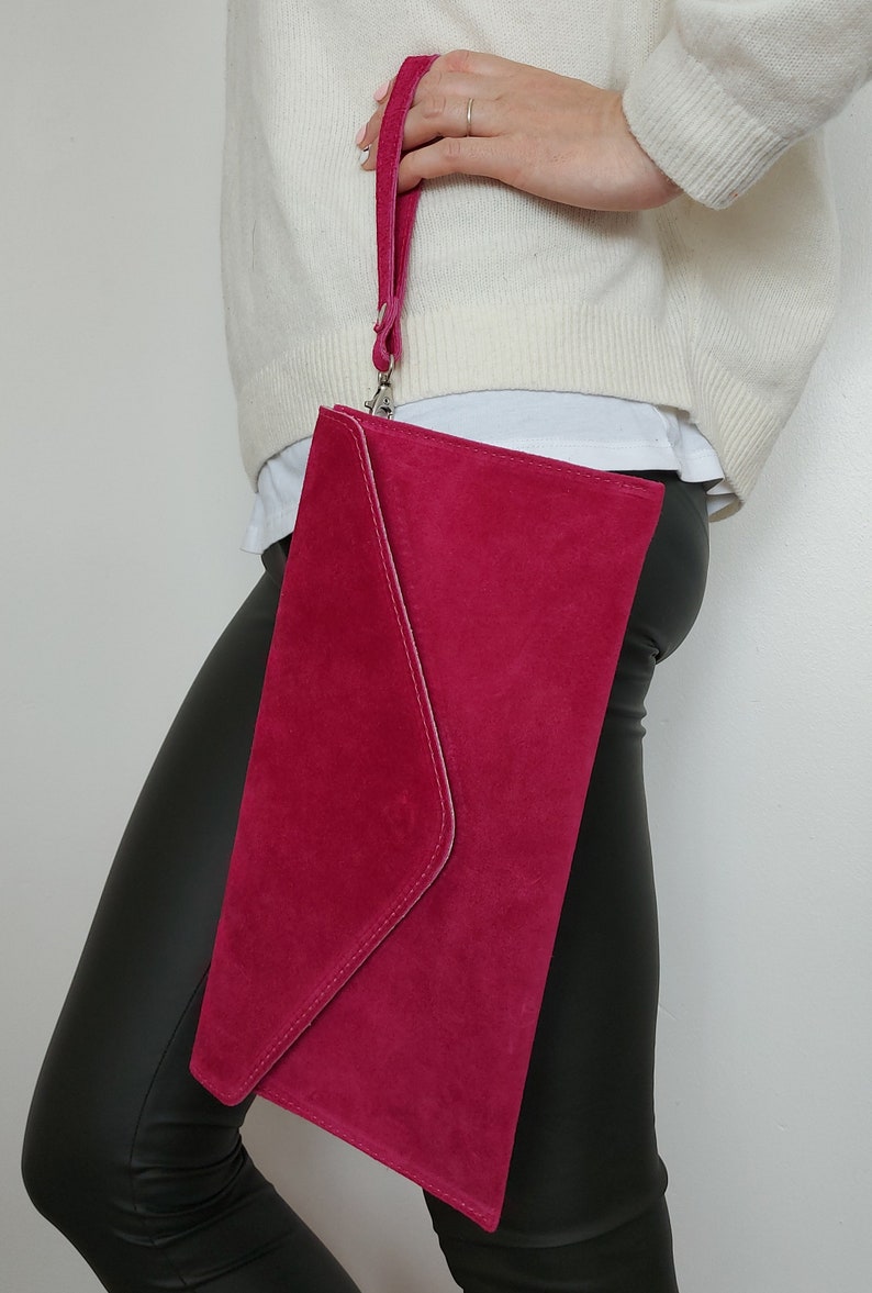 Genuine Italian Suede Leather Evening Envelope Magenta Clutch Shoulder Bag Fuchsia Bridesmaid Gift Versatile Elegant Wristlet & Chain Strap image 5