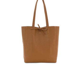 Genuine Leather Shopper Bag Medium Leather Tote Bag Pebbled Soft Italian Leather Medium Leather Bag Practical Everyday Dark Tan Leather Bag