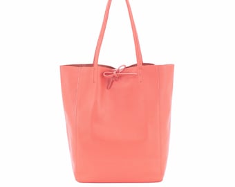 Genuine Leather Shopper Bag Large Leather Tote Bag Pebbled Soft Italian Leather Large Leather Bag Practical Everyday Coral Leather Bag