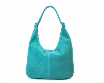 Genuine Suede Leather Turquoise Hobo Shopper Bag Everyday Practical Leather Bag Gift For Her Suede Shoulder Bag Suede Handbag Large Bag