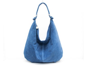 Véritable daim cuir Denim bleu Hobo Shopper Bag Sac en cuir pratique tous les jours Cadeau pour son sac à bandoulière en daim Sac à main en daim Grand sac