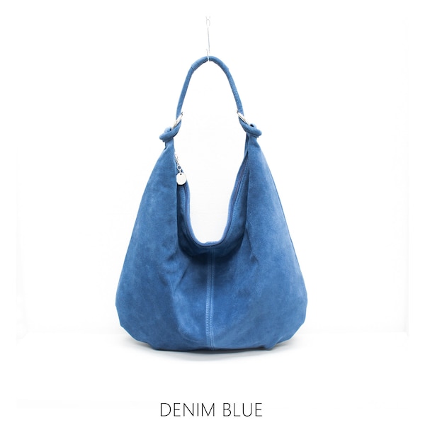 Genuine Suede Leather Denim Blue Hobo Shopper Bag Everyday Practical Leather Bag Gift For Her Suede Shoulder Bag Suede Handbag Large Bag