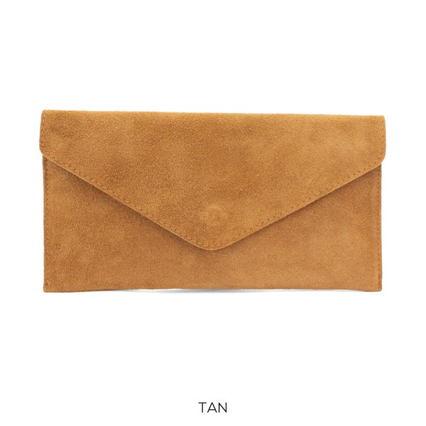 Genuine Suede Leather Evening Envelope Tan Clutch Crossbody Shoulder Bag Bridesmaid Gift Versatile  Elegant Wristlet and Chain Strap