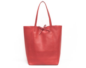 Sac Shopper en cuir véritable Grand sac fourre-tout en cuir Galets en cuir italien souple Grand sac Pratique Sac en cuir rouge de tous les jours Cadeau Saint-Valentin