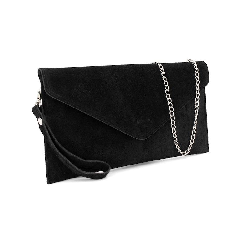 Genuine Suede Leather Evening Envelope Black Clutch Bag Crossbody Shoulder Handbags Bridesmaid Gift Versatile Elegant Wristlet & Chain Strap image 2