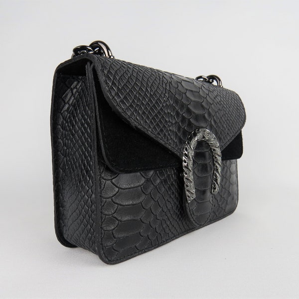 Effet serpent en cuir véritable Crossbody Sac à main noir Cadeau spécial inclus Cadeau de Noël pour son sac à main en boîte Elegant Snake Print