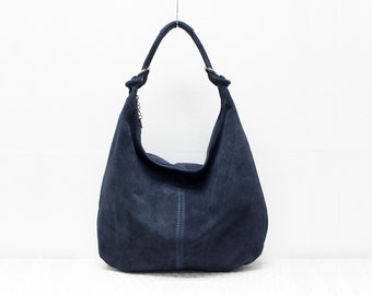 Genuine Suede Leather Navy Hobo Shopper Bag Everyday Practical Leather Bag Gift For Her Suede Shoulder Bag Suede Handbag Large Shoulder Bag