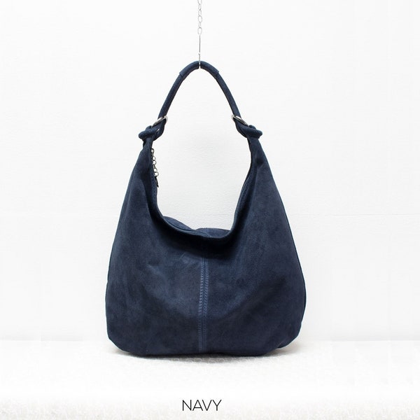 Genuine Suede Leather Navy Hobo Shopper Bag Everyday Practical Leather Bag Gift For Her Suede Shoulder Bag Suede Handbag Large Shoulder Bag
