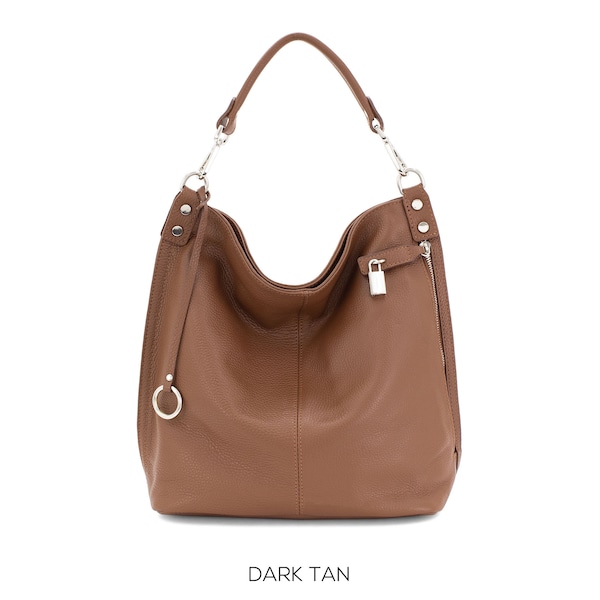 Sac Hobo droit en cuir véritable Fabriqué en Italie Poche avant sécurisée par un cadenas souple pour dames sac à main caillouteux Cadeau en cuir pour elle