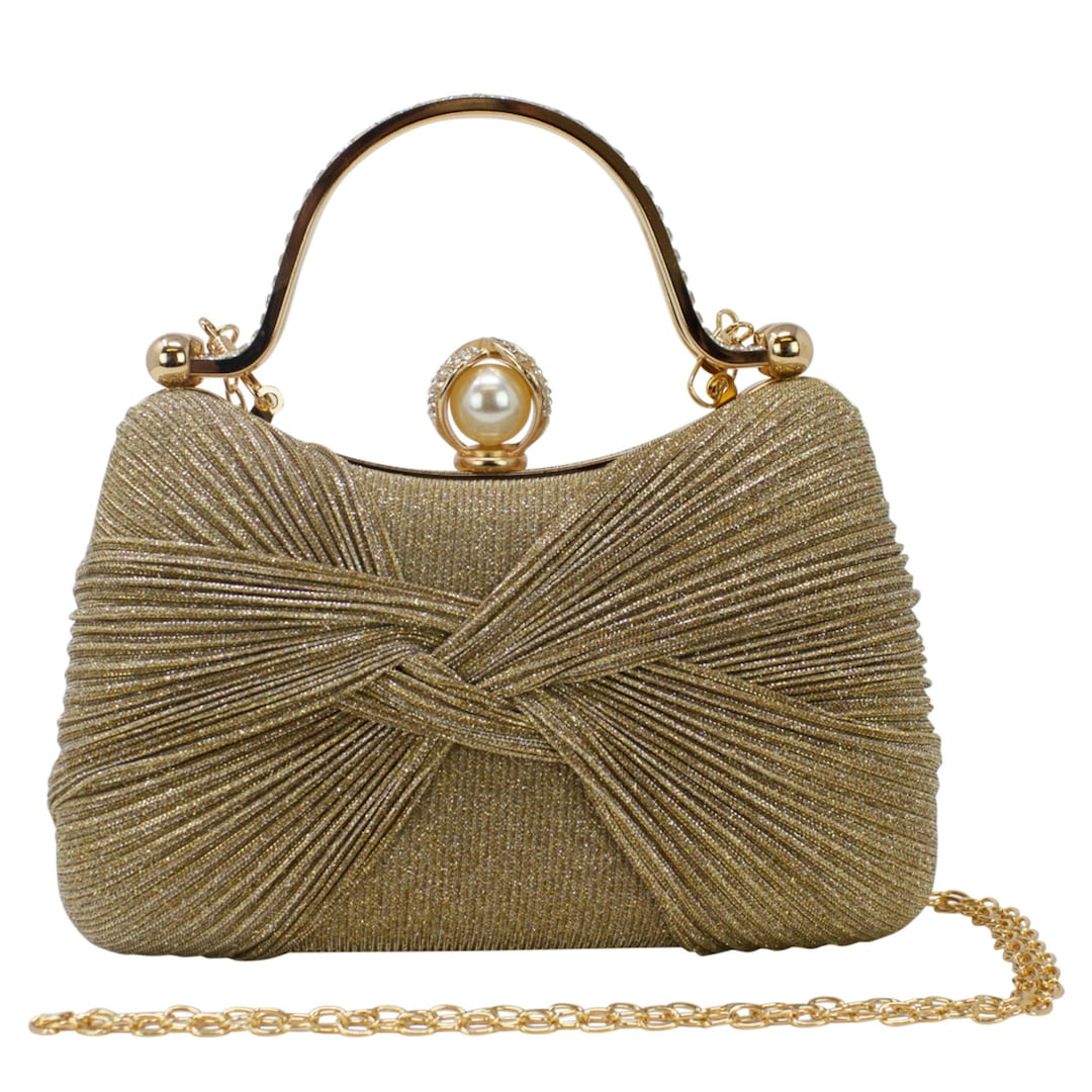 WANDA BOW GLITTER CLUTCH, GOLD METALLIC
