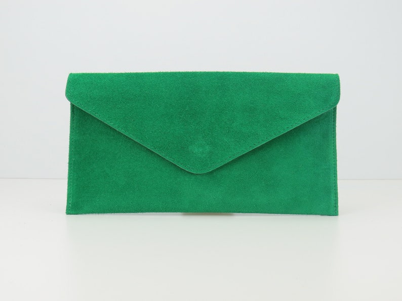 Genuine Suede Leather Evening Envelope Kelly Green Suede Clutch Bag Crossbody Bag Bridesmaid Gift Versatile Elegant Wristlet & Chain Strap image 1