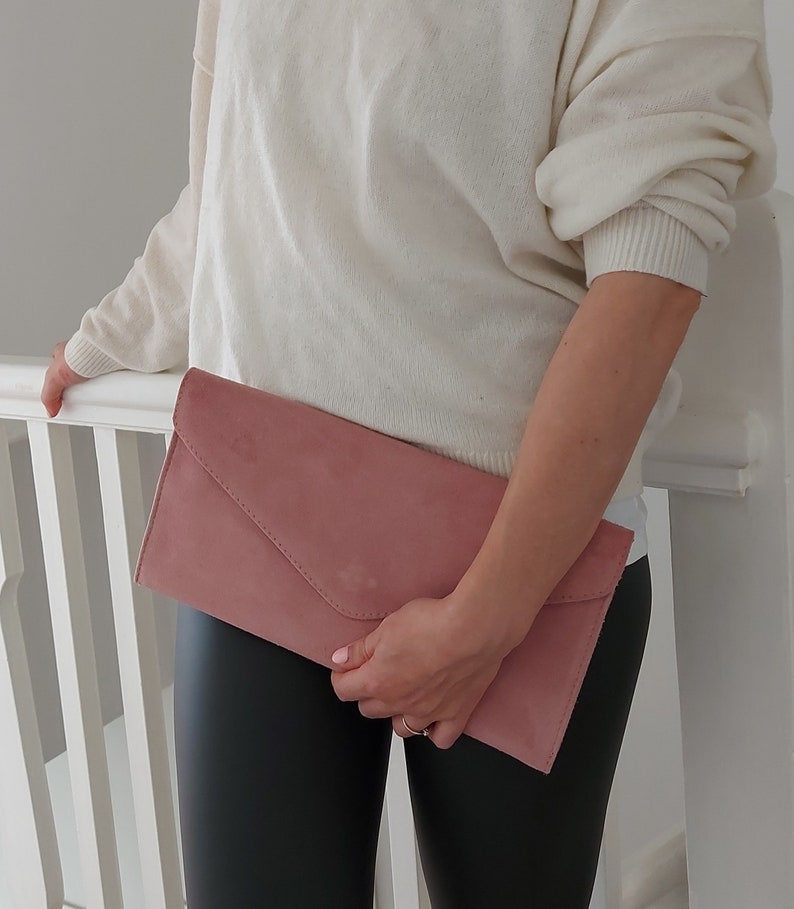 Genuine Suede Leather Evening Envelope Dusty Pink Clutch Crossbody Shoulder Handbags Bridesmaid Gift Versatile Elegant Wristlet Chain Strap image 5