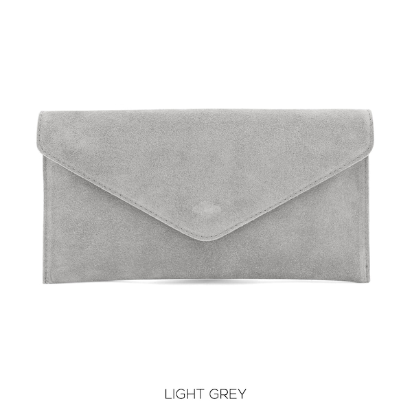 Genuine Suede Leather Evening Envelope Light Grey Clutch Crossbody Shoulder Bag Bridesmaid Gift Versatile  Elegant Wristlet and Chain Strap