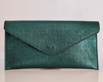 Genuine Leather Evening Envelope Metallic Emerald Forest Green Clutch Crossbody Handbag Bridesmaid Gift Wristlet & Chain Strap