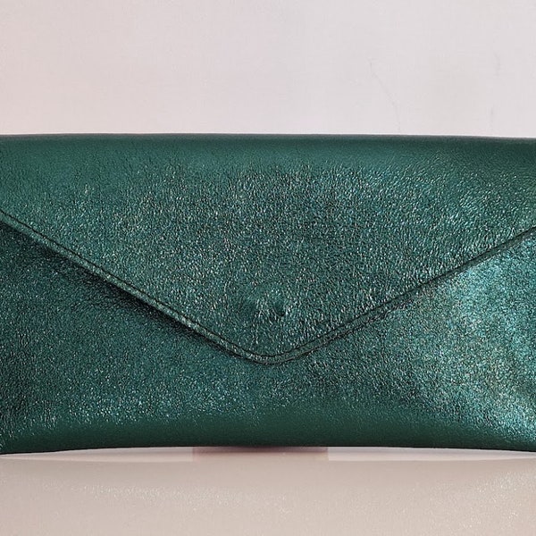 Genuine Leather Evening Envelope Metallic Emerald Forest Green Clutch Crossbody Handbag Bridesmaid Gift Wristlet & Chain Strap