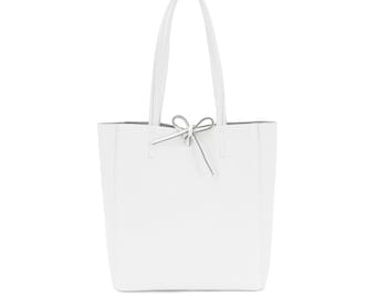 Genuine Leather Shopper Bag Medium Leather Tote Pebbled Soft Italian Leather Medium Leather Bag Practical Everyday White Leather Bag