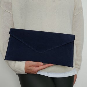 Genuine Suede Leather Evening Envelope Navy Suede Clutch Bag Crossbody Shoulder Bag Bridesmaid Gift Versatile Elegant Wristlet & Chain Strap image 2