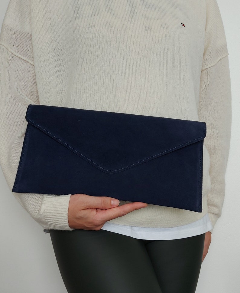 Genuine Suede Leather Evening Envelope Navy Suede Clutch Bag Crossbody Shoulder Bag Bridesmaid Gift Versatile Elegant Wristlet & Chain Strap image 2