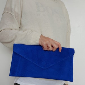 Genuine Suede Leather Evening Envelope Royal Blue Clutch Bag Crossbody Shoulder Bag Bridesmaid Gift Bridal Elegant Wristlet & Chain Strap image 6