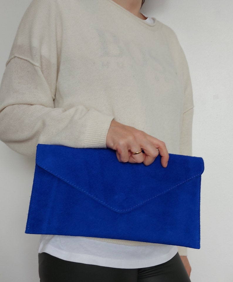 Genuine Suede Leather Evening Envelope Royal Blue Clutch Bag Crossbody Shoulder Bag Bridesmaid Gift Bridal Elegant Wristlet & Chain Strap image 6
