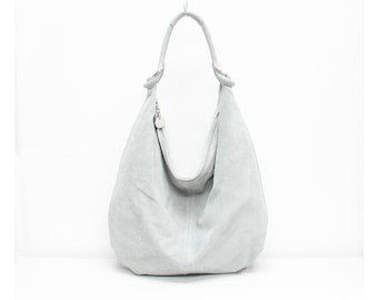 Genuine Suede Leather Light Grey Hobo Shopper Bag Everyday Practical Leather Bag Gift For Her Suede Shoulder Bag Suede Handbag Large Bag
