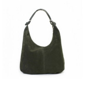 Genuine Suede Leather Dark Green Hobo Shopper Bag Everyday Practical Leather Bag Gift For Her Suede Shoulder Bag Suede Handbag Large Bag image 1