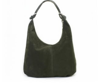 Genuine Suede Leather Dark Green Hobo Shopper Bag Everyday Practical Leather Bag Gift For Her Suede Shoulder Bag Suede Handbag Large Bag