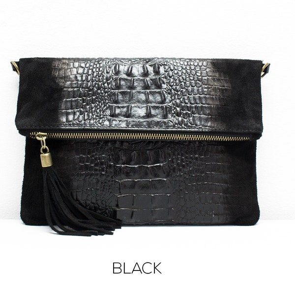 Crocodile Evening Clutch Bag GENUINE Suede Leather Wedding Party Italian Crossbody Bag Night Out Dinner Date Dress up