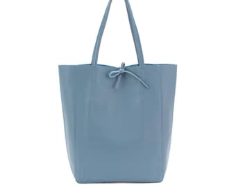 Sac Shopper en cuir véritable Grand sac fourre-tout en cuir caillouteux cuir italien souple Grand sac en cuir tous les jours pratique sac en cuir bleu poussiéreux