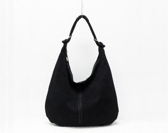 Genuine Suede Leather Black Hobo Shopper Bag Everyday Practical Leather Bag Gift For Her Suede Shoulder Bag Suede Handbag Large Shoulder Bag