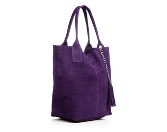 Genuine Suede Leather Everyday Practical Large Hobo Shopper Shoulder Handbag Purple - Gift For Her - Suede Purple Shopper Shoulder Tote Bag