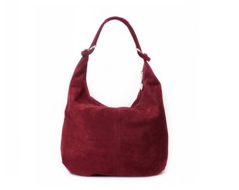 Genuine Suede Leather Burgundy Hobo Shopper Bag Everyday Practical Leather Bag Gift For Her Suede Shoulder Bag Suede Handbag Large Bag