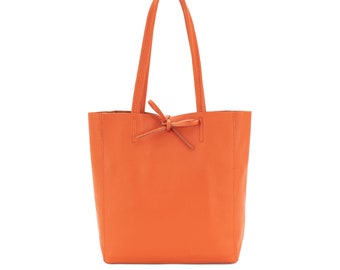 Echt lederen shopper tas medium lederen tote bag kiezelsteen zacht Italiaans leer medium lederen tas praktische elke dag oranje lederen tas