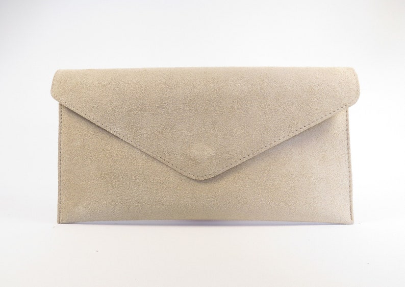 Genuine Suede Leather Evening Envelope Beige Clutch Crossbody Shoulder Bag Bridesmaid Gift Versatile Elegant Wristlet and Chain Strap image 1