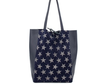 Genuine Leather Shopper Bag Large Leather Star Tote Bag Pebbled Soft Italian Leather Large Everyday Practical Navy Leather Bag Gift For Her