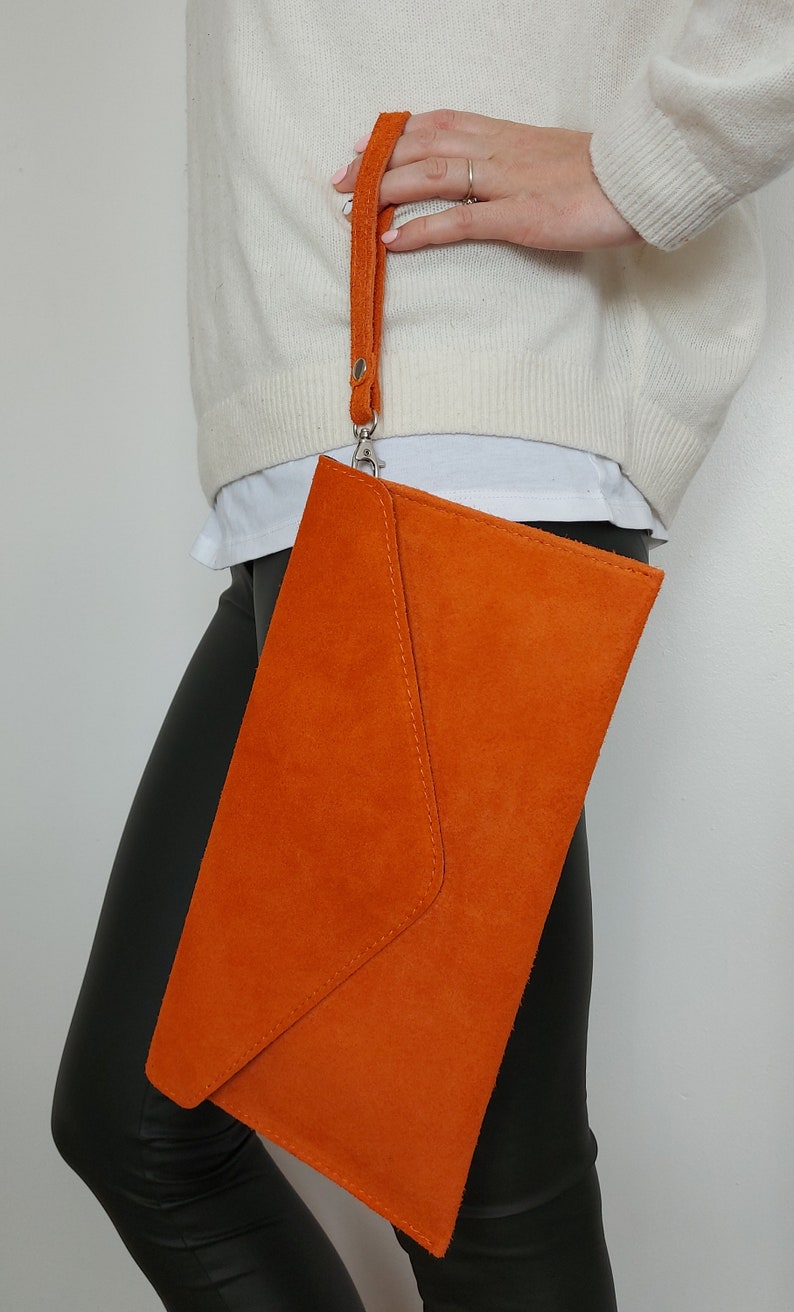 Echtes Wildleder Abendumschlag Orange Clutch Crossbody Umhängetasche Brautjungfern Geschenk Vielseitig elegantes Armband und Kettengurt Bild 5