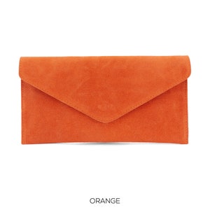 Echtes Wildleder Abendumschlag Orange Clutch Crossbody Umhängetasche Brautjungfern Geschenk Vielseitig elegantes Armband und Kettengurt Bild 1