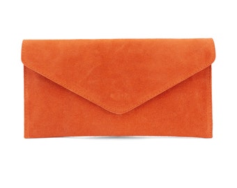 Genuine Suede Leather Evening Envelope Orange Clutch Crossbody Shoulder Bag Bridesmaid Gift Versatile  Elegant Wristlet and Chain Strap