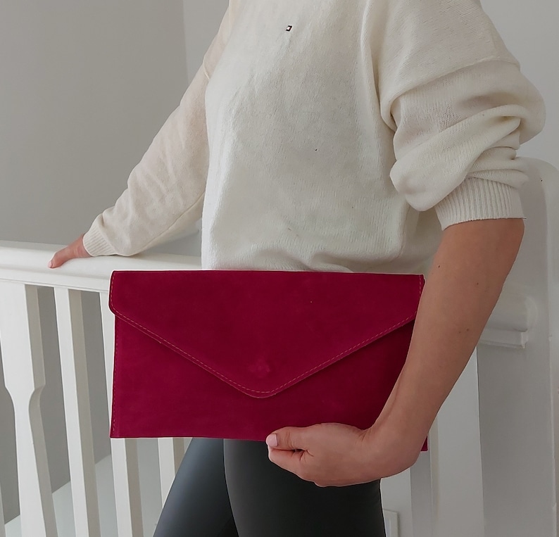 Genuine Italian Suede Leather Evening Envelope Magenta Clutch Shoulder Bag Fuchsia Bridesmaid Gift Versatile Elegant Wristlet & Chain Strap image 3