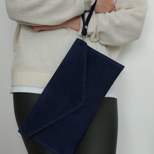 Genuine Suede Leather Evening Envelope Navy Suede Clutch Bag Crossbody Shoulder Bag Bridesmaid Gift Versatile Elegant Wristlet & Chain Strap image 6